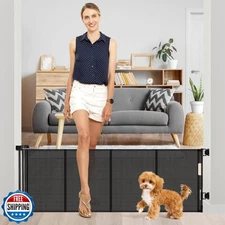 Reinforced 18 Inch Tall Retractable Dog Gate for Stairs, 55" Wide Step Over P