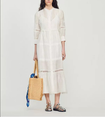 Sandro Paris dress ecru linen blend lace midi SFPRO02902 size 38 M women's dress