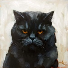 Peinture à l'huile originale faite main d'un chat aux yeux jaunes noirs 8" x 8"