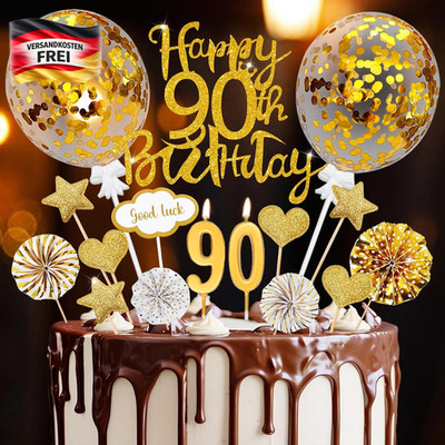 Tortendeko für 10 Geburtstag Kinder gold Set mit Cake Topper Kerzen und Ballons