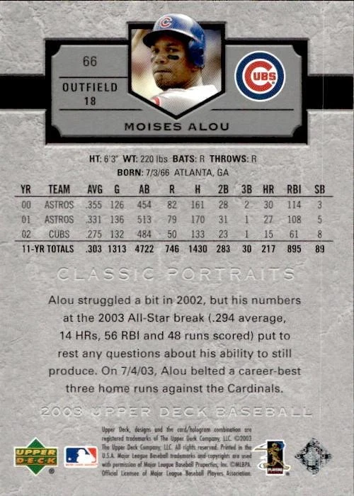 Moises Alou 2003 Upper Deck #66 Chicago Cubs - Image 2 of 2
