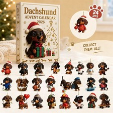 2D Dachshund Dog Advent Calendar 2026 with 24 Acrylic Hanging Charms for Xmas