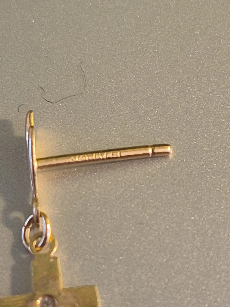 Vintage 14K Gold Post & Backs Cross Dangle Earrings Genuine Tested Diamond Pair