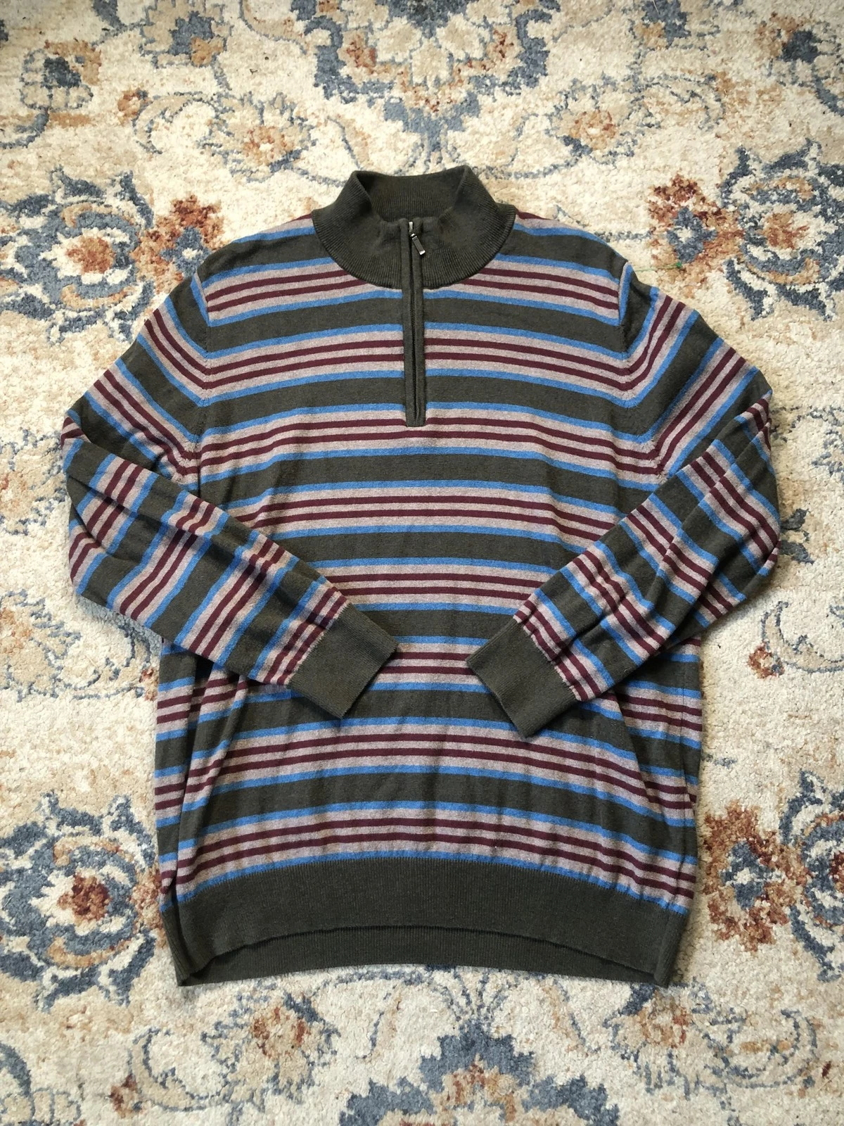 LL Bean Sweater Mens XL Olive Green Stripe Quarter Zip Pullover Cotton Cashmere