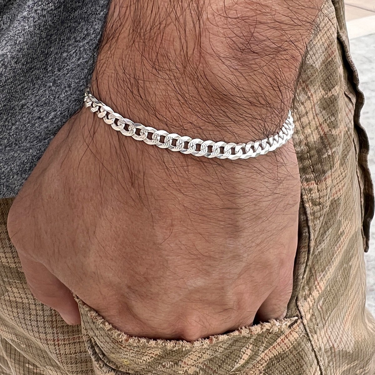 Real 925 Sterling Silver Cut D/C Hip Hop Bracelet Italy Cuban Curb