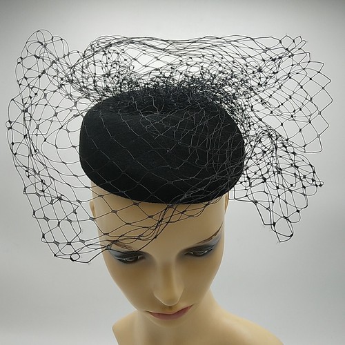 Failsworth Hat Studio BLACK Pillbox Birdcage Veil Fascinator Hat 100% Wool, NWT - Picture 7 of 15