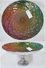 13" RAINBOW RED,GREEN 3D FORGED 100% SILVER GLASS PEDESTAL,FOOTED STAND,PLATTER