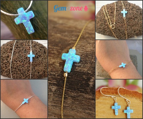 Pulsera Cruz Ópalo Azul Dije Plata Esterlina Joyería Octubre Piedra de Nacimiento 1 PIEZA - Imagen 9 de 9