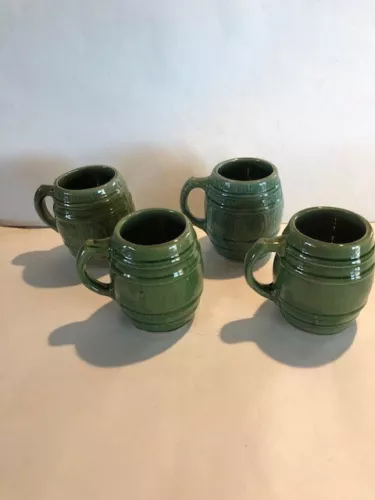 Vintage McCoy 1920's Green Glaze Stoneware Pottery Barrel Mugs (Set of 4)