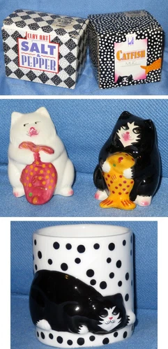 Clay Art - Vintage 1990 - CATFISH Series - LOT of: MUG + SALT & PEPPER Shakers