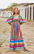 NWT $265 FARM RIO Striped Scarf Maxi Ruffled Dress Sz Small