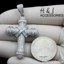 MEN SOLID 925 STERLING SILVER ICY BLING CZ 3D SILVER CROSS CHARM PENDANT*ASP232