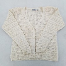 Vtg THAT'S ME Ivory Women's KNIT CARDIGAN SWEATER Size Medium Crochet Look
