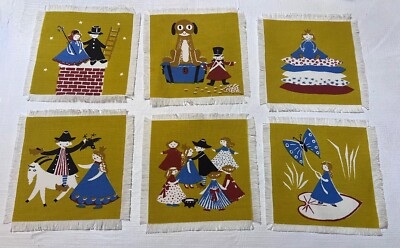 Set of 6 Adorable Scandanavian Folk Art Linen Mats 5-1/4 x 6''