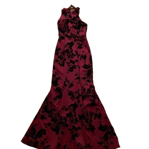 Teeze Me Vintage Red Formal Halter Mermaid Dress Juniors 1 Velvet Floral USA - Picture 4 of 12