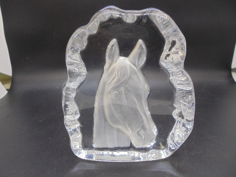 Crystal Frosted Art Glass Intaglio Paperweight of a Horse Head