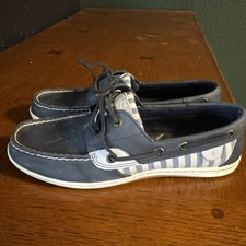 Sperry Women's Koifish Stripe Navy Leather with linen stripes STS88671