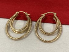 Vintage MTS 14k Solid Yellow Gold Hollow Etched Triple Oval Hoop EARRINGS 3.54g
