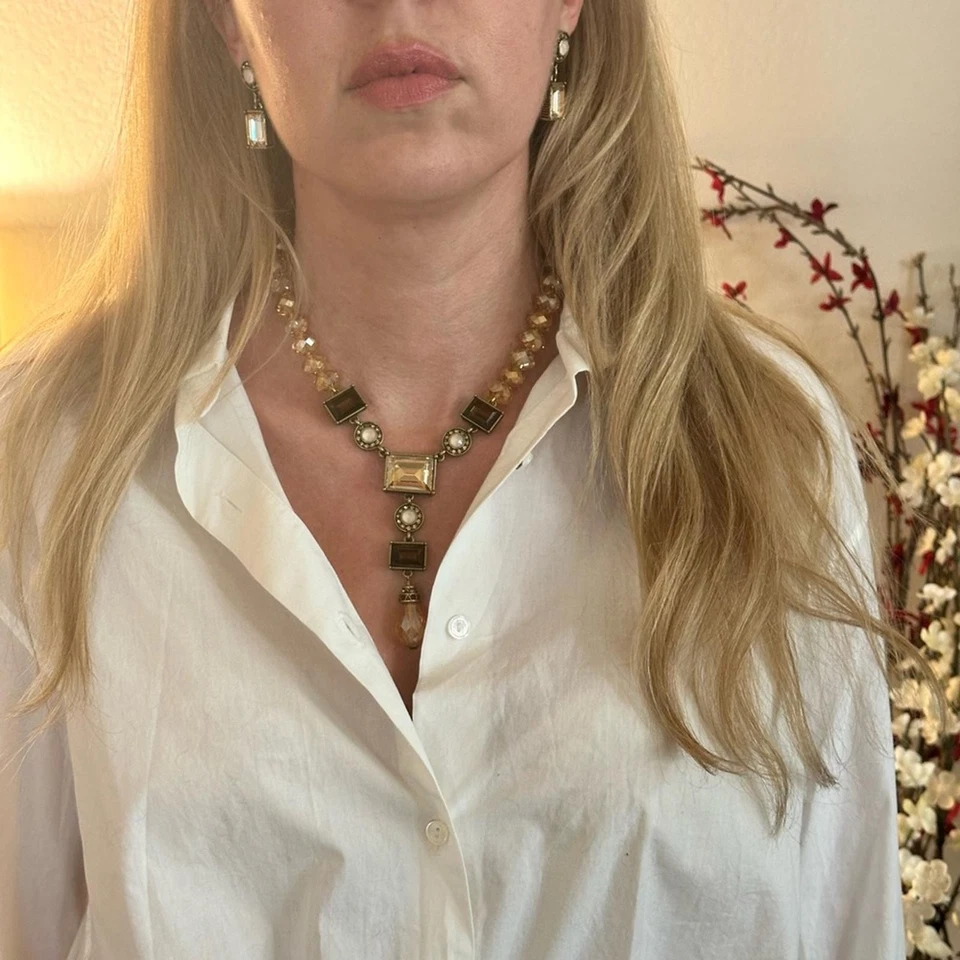 Juego de collar y pendientes de cristal corte esmeralda topacio Heidi Daus--*RARO en caja Foto 4 de 4