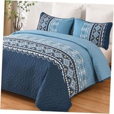 Blue Quilt Set Queen,Boho 3 Pieces Bedspread Queen 96" 90" Dark Blue-2