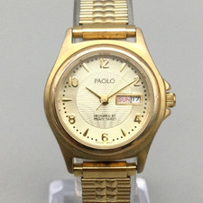 Vintage Paolo Gucci Womens 28mm Gold Tone Day Date Watch Stretch New Battery