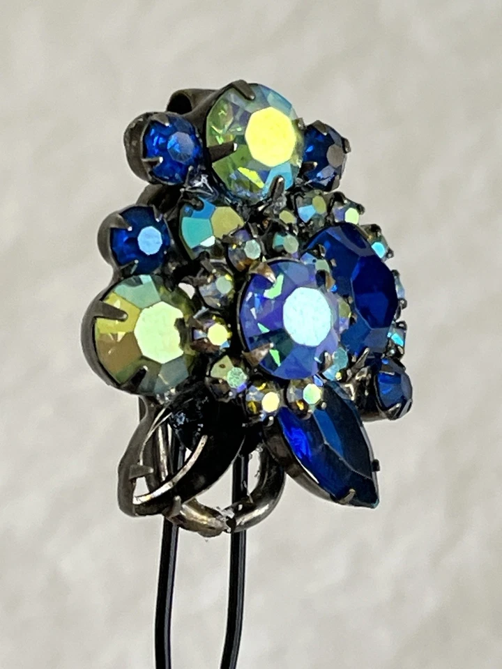 Vintage Jewelry Hair Pin Blue AB Rhinestones with Black Metal - Image 3 of 4