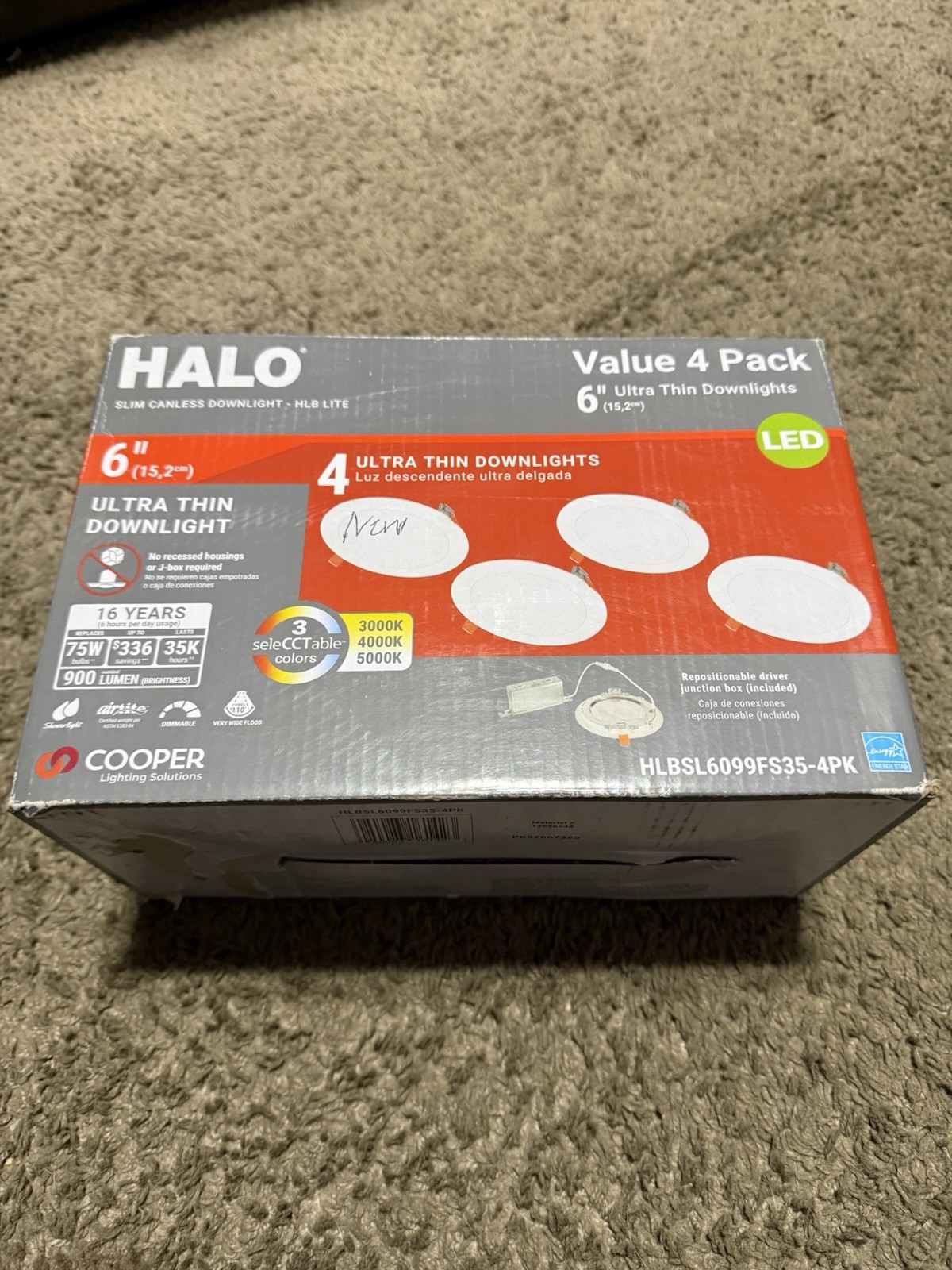 Halo HLBSL6099FS35-4PK LED 6” Ultra Thin Canless Downlight HLB 5000K, 4 Pack