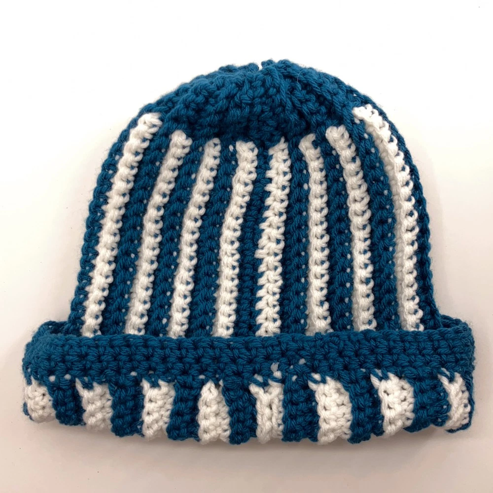 Home Knit Winter Vertical Blue White Stripe Hat