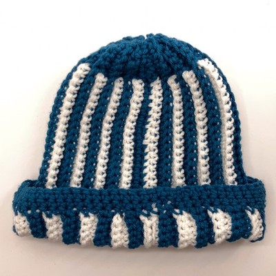 Home Knit Winter Vertical Blue White Stripe Hat