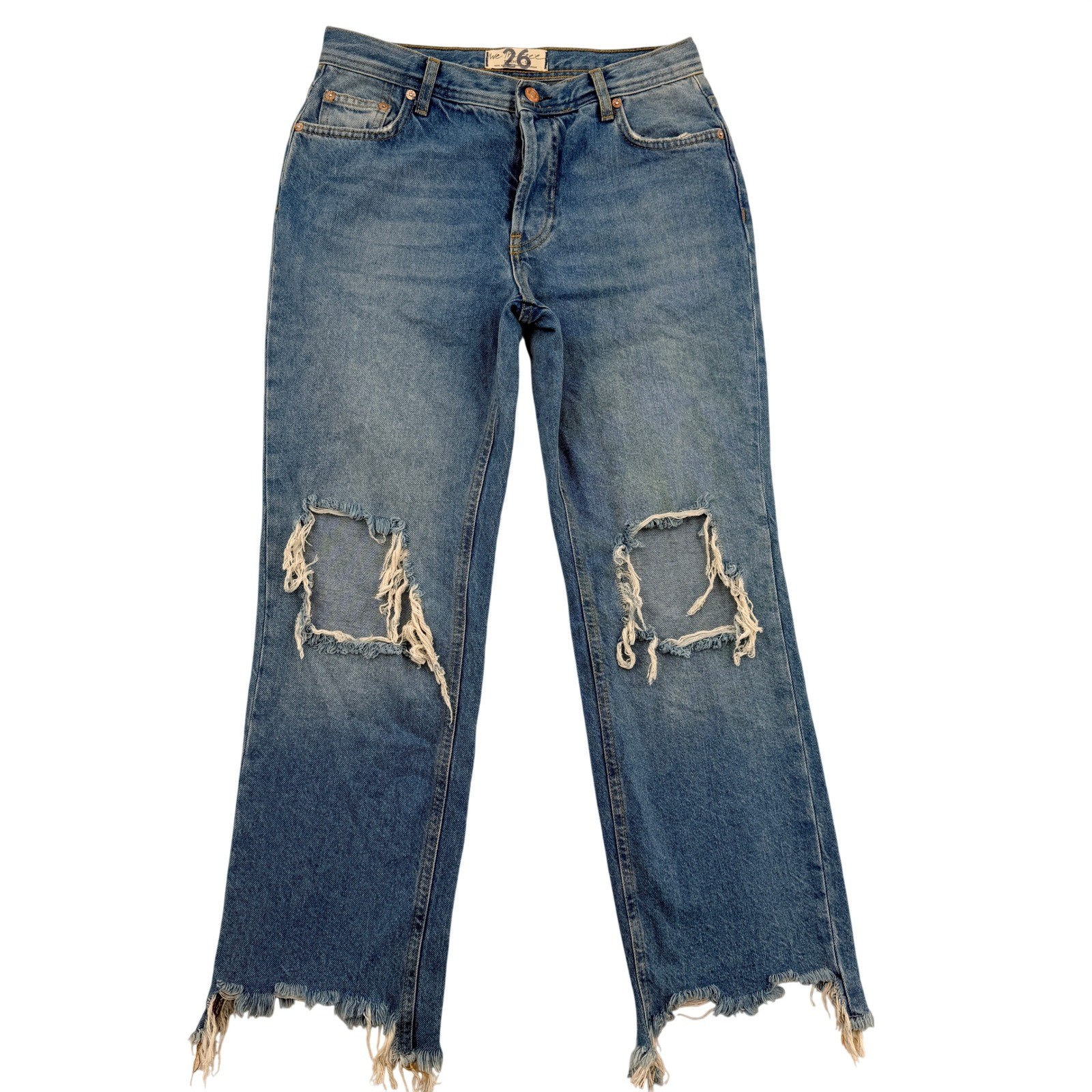 We The Free People Distressed Straight Leg Jeans Button Fly Size 26 Distressed