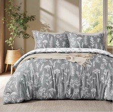 Queen Comforter Set Grey Floral Bedding 3-Piece Set Reversible Botanical Quilt