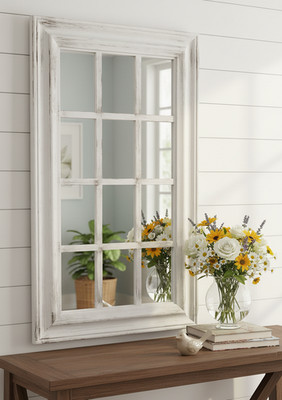 Weißer rechteckiger Wandspiegel im Fensterstil robuster Rahmen, Innen/Außen 43 x 73 x 2,5 cm