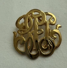 Vintage Gold Tone Monogram Design Scarf Pin Clip Unmarked