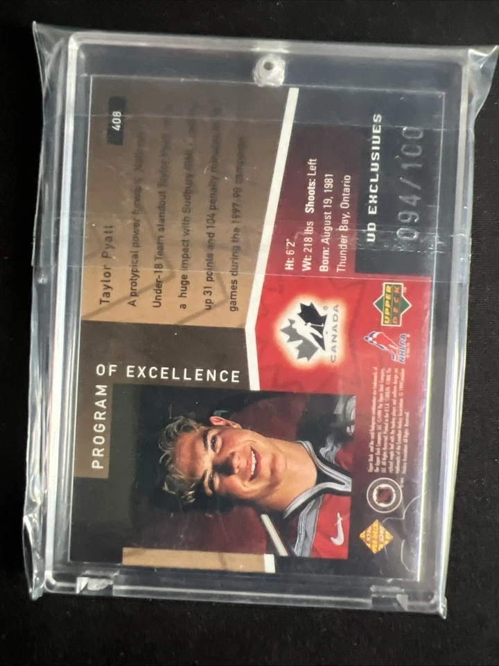 1998 Upper Deck Program of Excellence UD Exclusives /100 Taylor Pyatt Rookie RC - Image 3 of 4