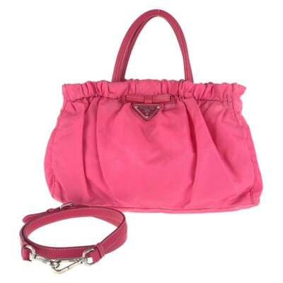 PRADA Tessuto Triangle avec Logo Tote Bag Sac Bandoulière 2 offres Voies Rose Nylon/Cuir
