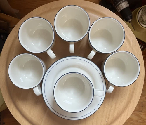 Lenox Chinastone Blue Pinstripes Cups & Saucers Set Of 6 No Chips Or Cracks EUC