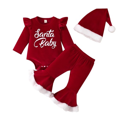 Newborn Baby Girl Santa Velvet Ruffle Romper+Flare Pants+Hat Christmas Outfits