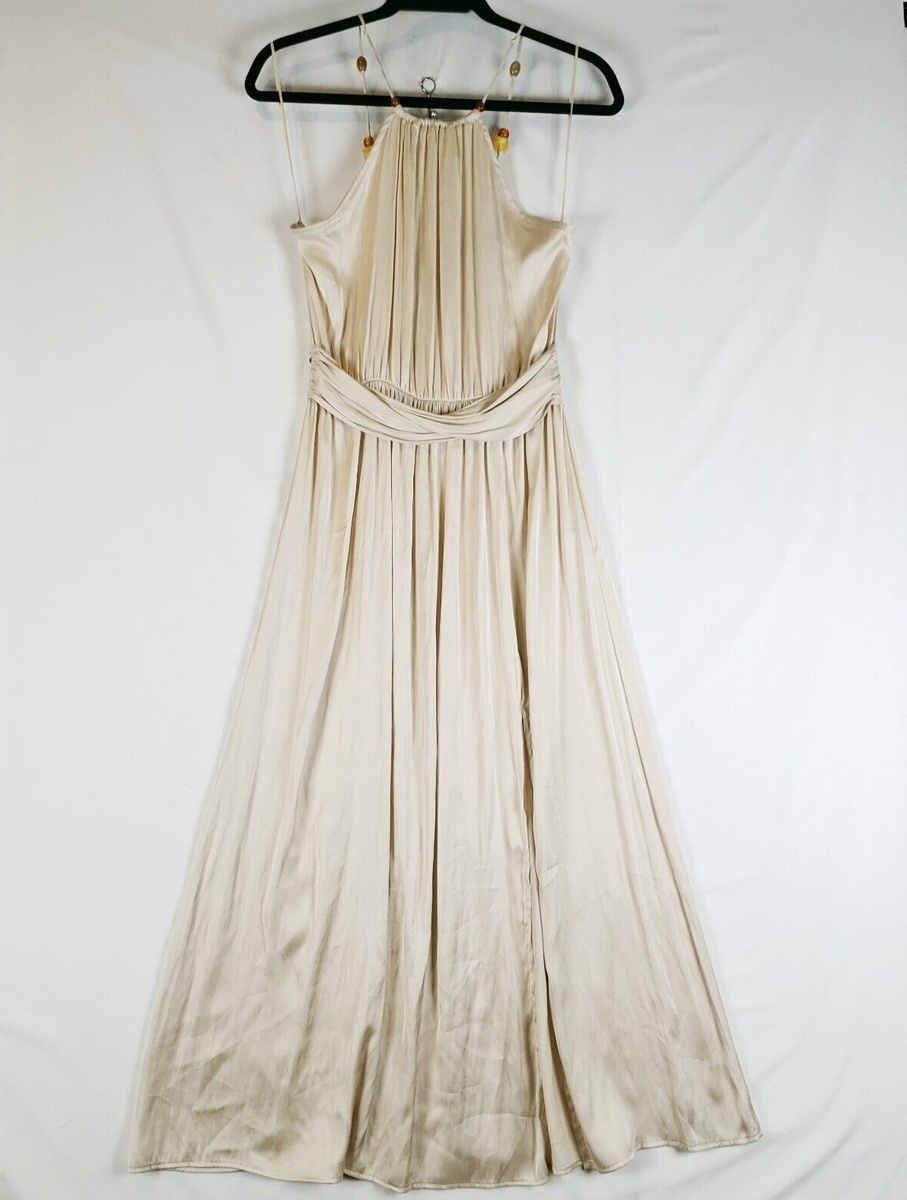 Zara Satin Empire Dress Womans X-Small Halter Slit Champagne Beaded Straps  NWT