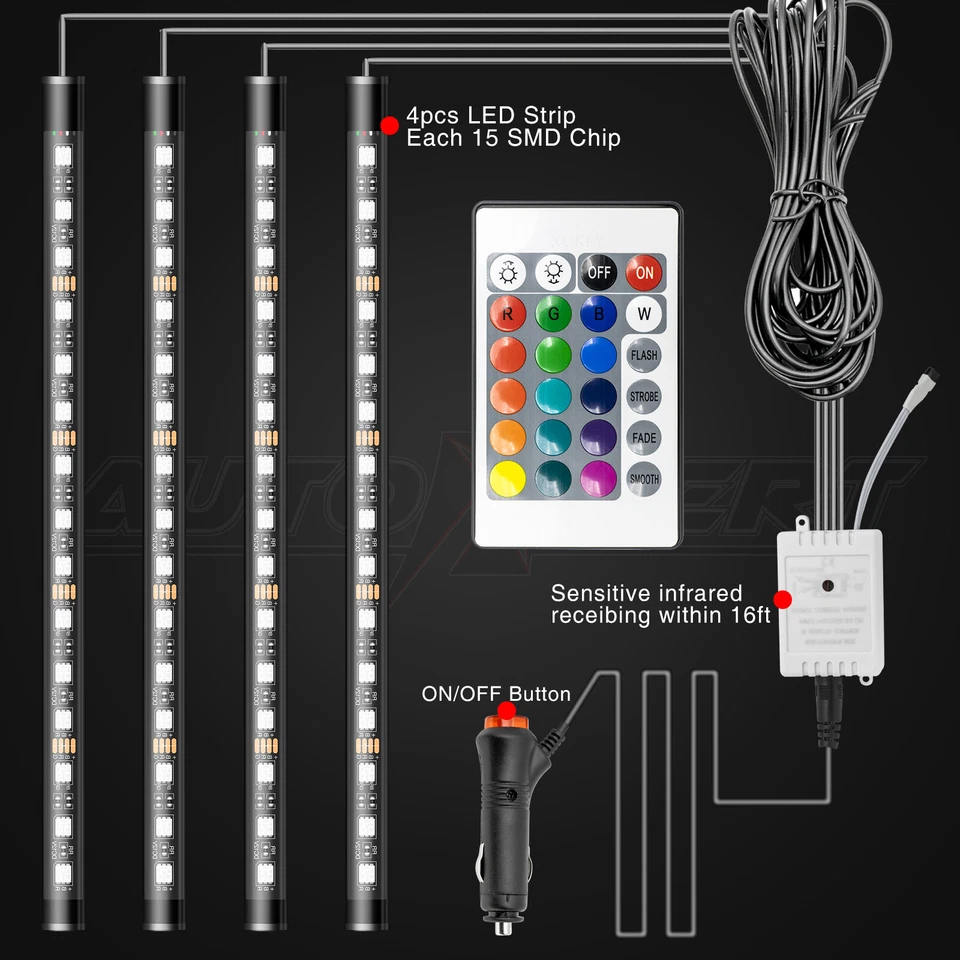 Car Interior Footwell 60 LED Strip Lights RGB Multicolour Remote Atmosphere Lamp - Image 4 of 4