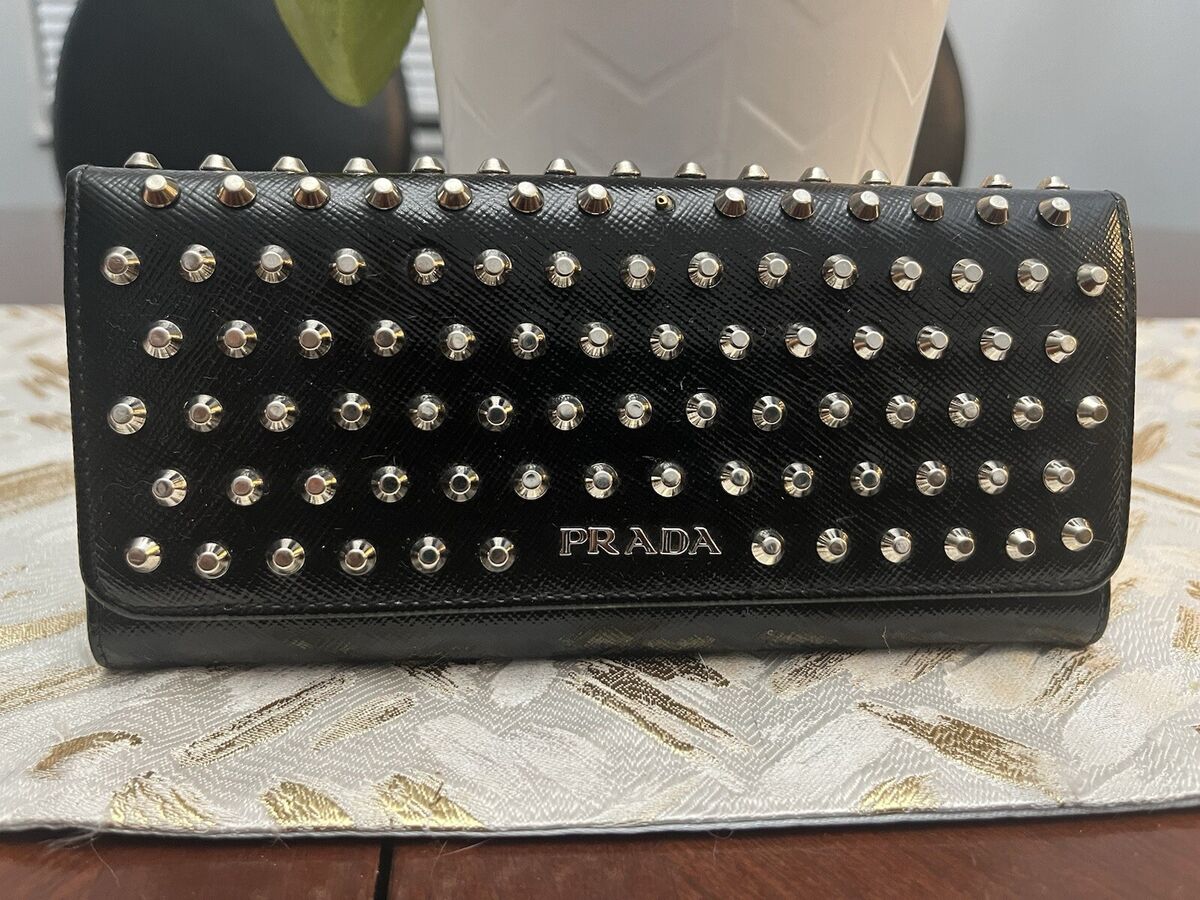 PRADA Long Wallet Black Saffiano Leather studded Limited PRADA Long Wallet Black Saffiano Leather studded Limited
