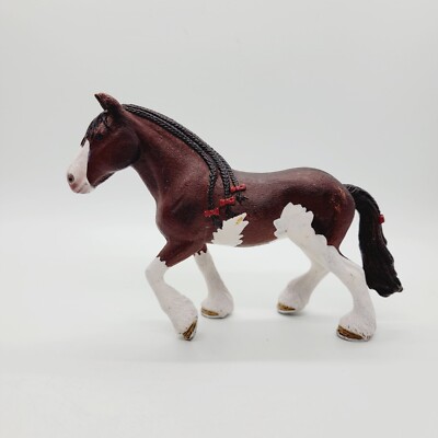 Schleich Clydesdale Mare Brown White Braided Mane Red Bows Horse Figure D-73527