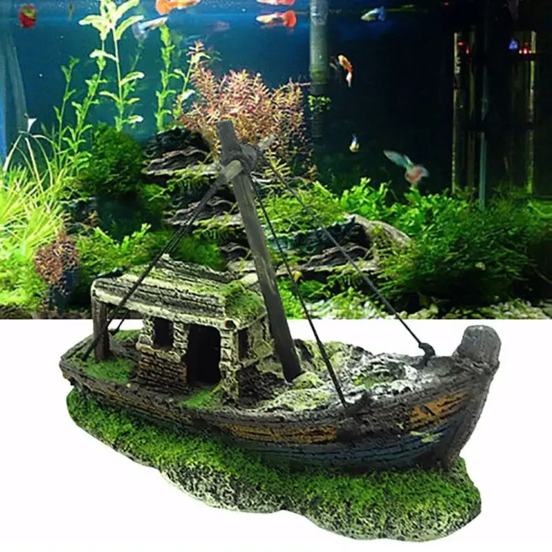 UNEAK - Grote scheepswrak Aquarium Decoraties Ornament w/Zeil (2 Stuks) 20 Gallons hoog en Groter Vis Tank, Gezonken Schip Decoratie Ornamenten, Piratenboot, Hars, Zoetwater Zout Water Decor