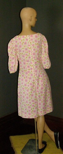 Vintage 60's pink & blue DAISIES print sheath dress PUFF SLEEVES S M mod hippy - Picture 10 of 14
