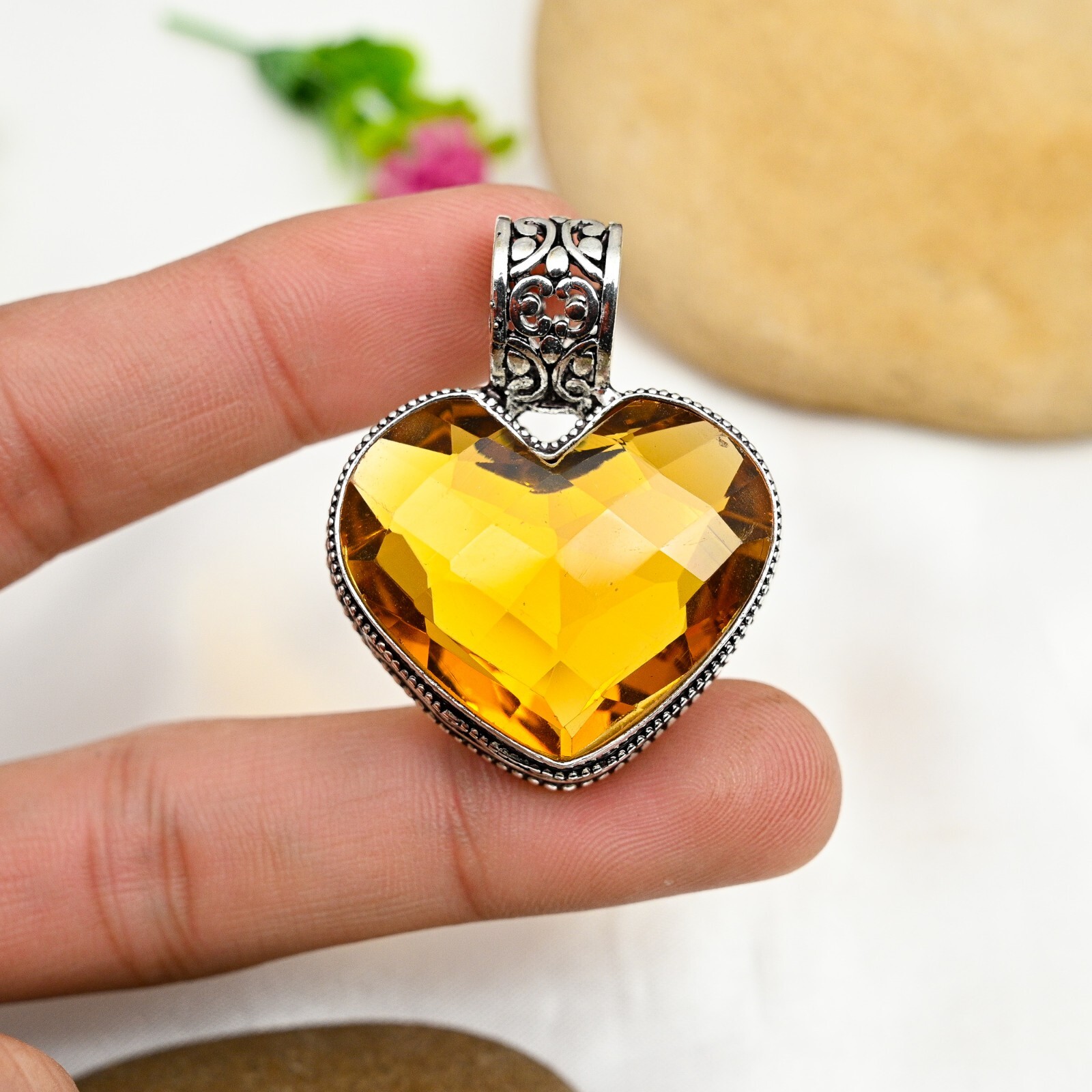 Natural Citrine Gemstone Heart Pendant 925 Sterling Silver Handmade Jewelry Gift