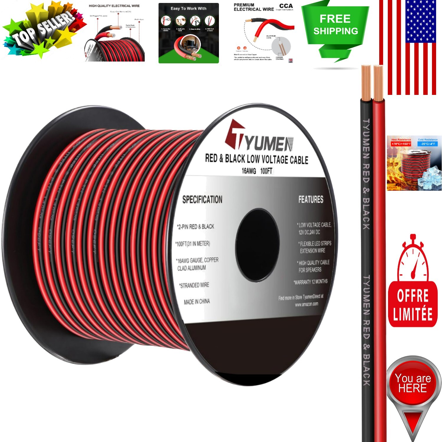 16 AWG 100FT Eco-Friendly Flexible Low Voltage Electric Wire  