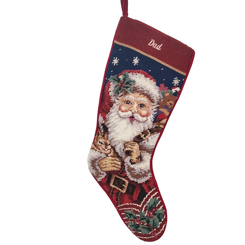 Wool Needlepoint Christmas Stocking Santa w/ Rabbit Twinkling Stars Monogram DAD