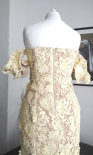 8, Yellow Beige Over Cutwork Floral Lace Bardot Midi Dress, JARLO, Rrp £120 - Picture 9 of 9