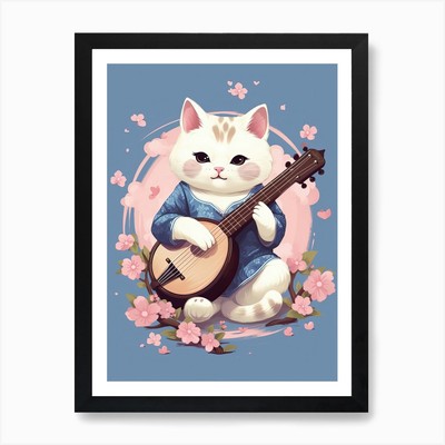 Kawaii Katze Zeichnungen spielen Musik 4 gerahmte Wandbilder Poster Leinwanddruck Bild