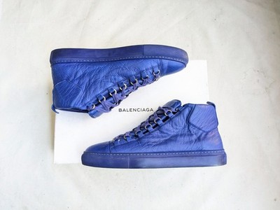 Balenciaga Arena Men 42 Blue Leather High Top Sneakers Shoes Lace Up 