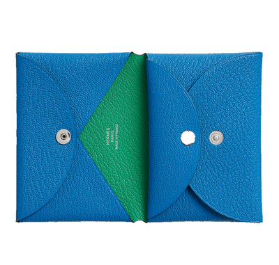 HERMES Calvi Duo Card Holder Bleu Zanzibar / Menthe - Chevre